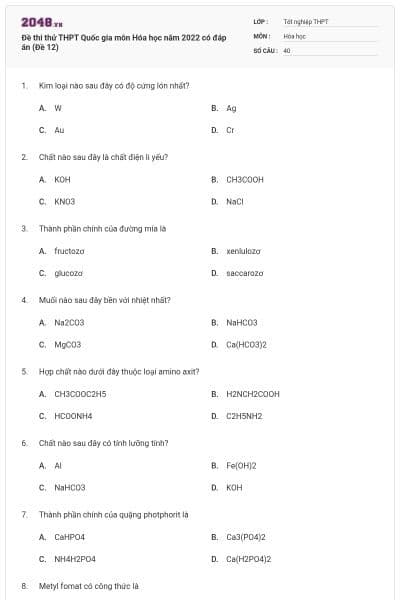 Đề thi thử THPT Quốc gia môn Hóa học năm 2022 có đáp án (Đề 12)