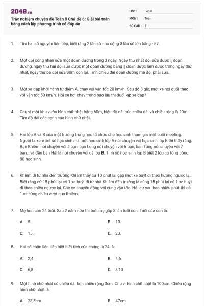 Trắc nghiệm chuyên đề Toán 8 Chủ đề 6: Giải bài toán bằng cách lập phương trình có đáp án