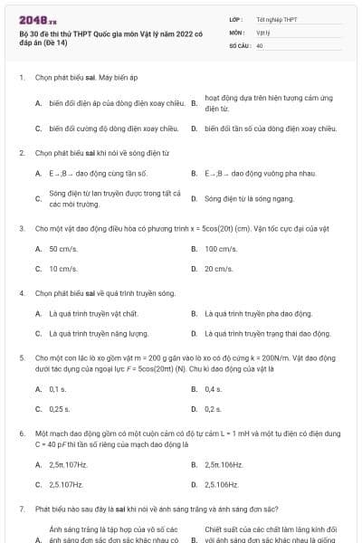 Bộ 30 đề thi thử THPT Quốc gia môn Vật lý năm 2022 có đáp án (Đề 14)