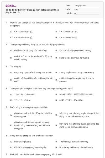 Bộ 30 đề thi thử THPT Quốc gia môn Vật lý năm 2022 có đáp án (Đề 17)