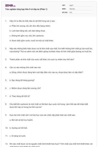 Trắc nghiệm tổng hợp Hóa 9 có đáp án (Phần 1)
