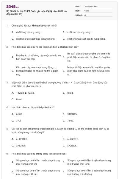 Bộ 30 đề thi thử THPT Quốc gia môn Vật lý năm 2022 có đáp án (Đề 19)