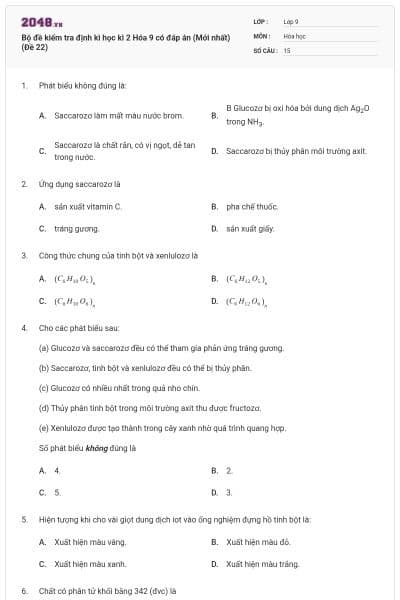 Bộ đề kiểm tra định kì học kì 2 Hóa 9 có đáp án (Mới nhất) (Đề 22)