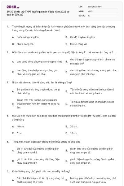 Bộ 30 đề thi thử THPT Quốc gia môn Vật lý năm 2022 có đáp án (Đề 23)