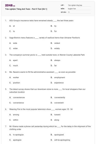Trắc nghiệm Tiếng Anh Toeic - Part 5 Test (Đề 1)