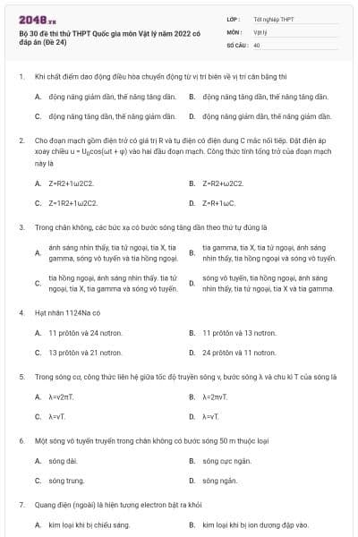 Bộ 30 đề thi thử THPT Quốc gia môn Vật lý năm 2022 có đáp án (Đề 24)
