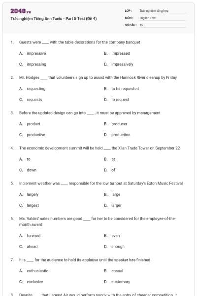 Trắc nghiệm Tiếng Anh Toeic - Part 5 Test (Đề 4)