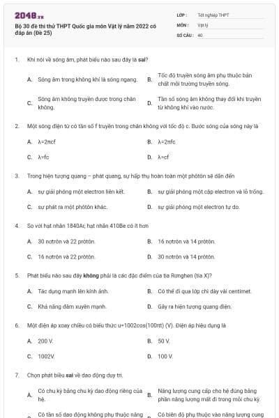 Bộ 30 đề thi thử THPT Quốc gia môn Vật lý năm 2022 có đáp án (Đề 25)