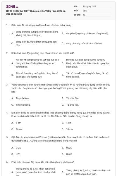 Bộ 30 đề thi thử THPT Quốc gia môn Vật lý năm 2022 có đáp án (Đề 29)