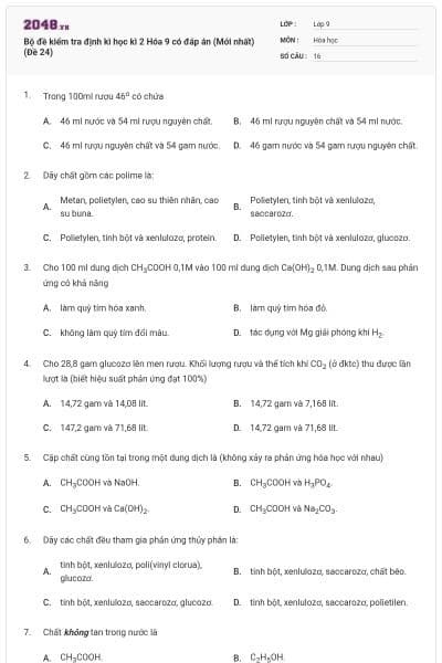 Bộ đề kiểm tra định kì học kì 2 Hóa 9 có đáp án (Mới nhất) (Đề 24)