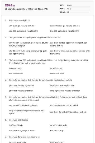 70 câu Trắc nghiệm Địa Lí 11 Bài 1 có đáp án (P1)