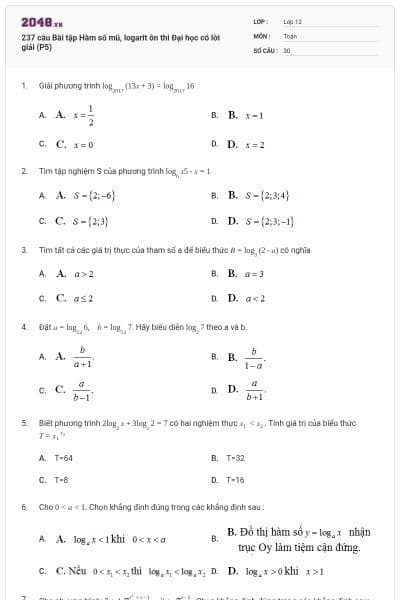 237 câu  Bài tập Hàm số mũ, logarit ôn thi Đại học có lời giải (P5)