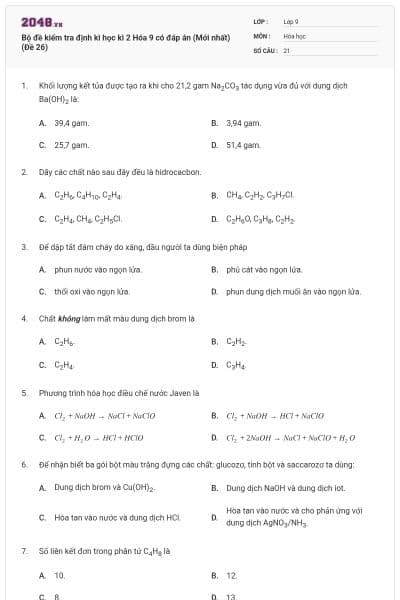 Bộ đề kiểm tra định kì học kì 2 Hóa 9 có đáp án (Mới nhất) (Đề 26)