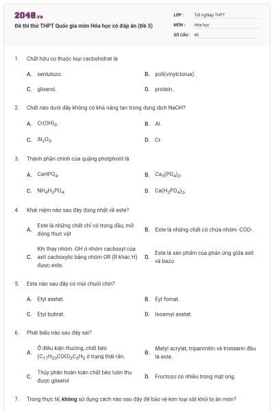 Đề thi thử THPT Quốc gia môn Hóa học có đáp án (Đề 3)