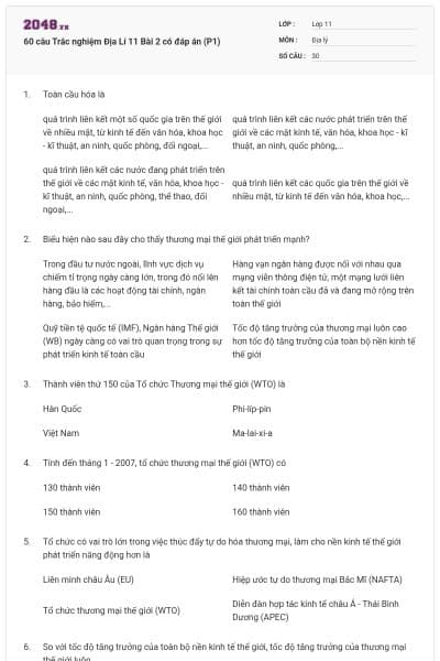 60 câu Trắc nghiệm Địa Lí 11 Bài 2 có đáp án (P1)