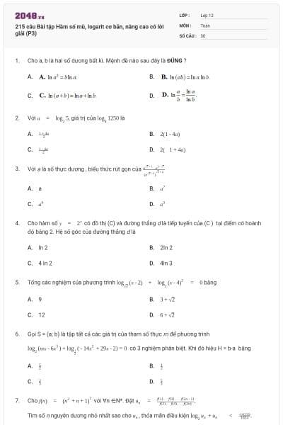215 câu Bài tập Hàm số mũ, logarit cơ bản, nâng cao có lời giải (P3)