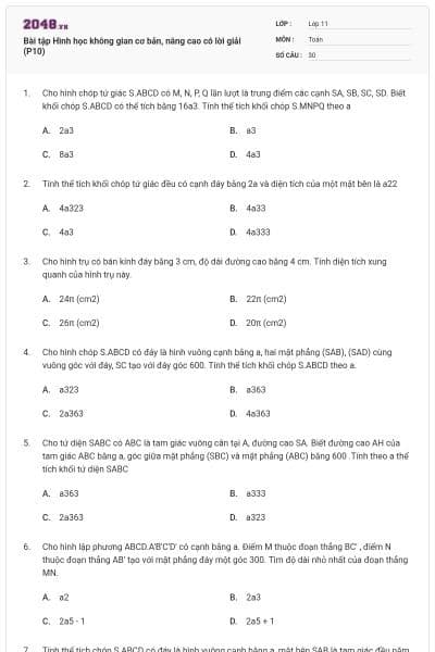 Bài tập Hình học không gian cơ bản, nâng cao có lời giải (P10)