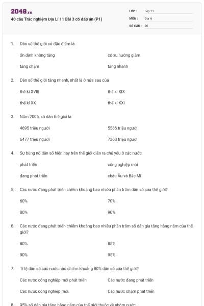 40 câu Trắc nghiệm Địa Lí 11 Bài 3 có đáp án (P1)