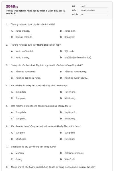 10 câu Trắc nghiệm Khoa học tự nhiên 6 Cánh diều Bài 10 có đáp án