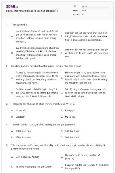 60 câu Trắc nghiệm Địa Lí 11 Bài 2 có đáp án (P1)