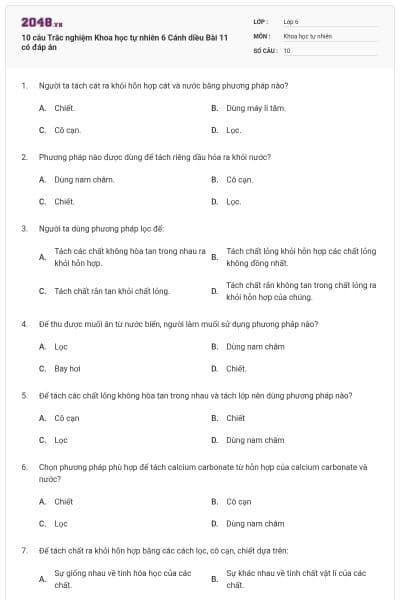 10 câu Trắc nghiệm Khoa học tự nhiên 6 Cánh diều Bài 11 có đáp án