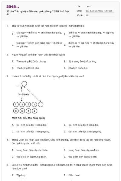 30 câu Trắc nghiệm Giáo dục quốc phòng 12 Bài 1 có đáp án