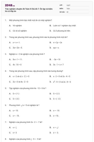 Trắc nghiệm chuyên đề Toán 8 Chủ đề 7: Ôn tập và kiểm tra có đáp án