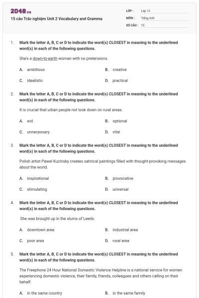 15 câu Trắc nghiệm Unit 2 Vocabulary and Gramma