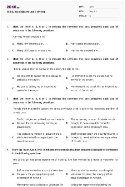 15 câu  Trắc nghiệm Unit 5 Writing