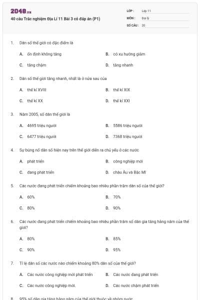 40 câu Trắc nghiệm Địa Lí 11 Bài 3 có đáp án (P1)
