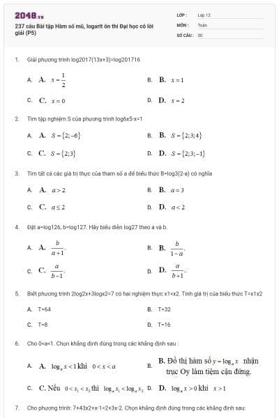 237 câu  Bài tập Hàm số mũ, logarit ôn thi Đại học có lời giải (P5)