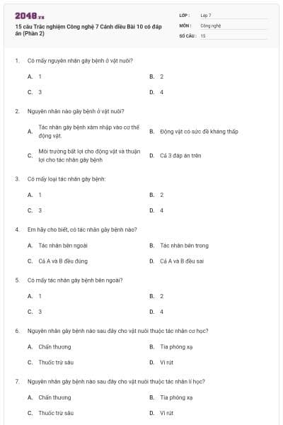 15 câu Trắc nghiệm Công nghệ 7 Cánh diều Bài 10 có đáp án (Phần 2)