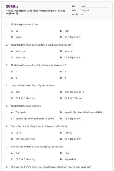 15 câu Trắc nghiệm Công nghệ 7 Cánh diều Bài 11 có đáp án (Phần 2)