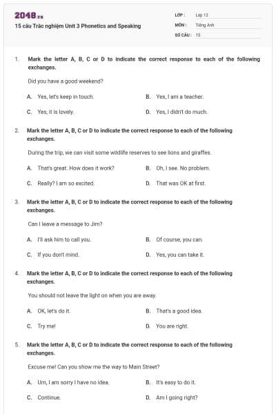 15 câu Trắc nghiệm Unit 3 Phonetics and Speaking