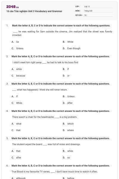 16 câu Trắc nghiệm Unit 3 Vocabulary and Grammar