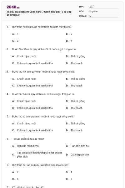 15 câu Trắc nghiệm Công nghệ 7 Cánh diều Bài 12 có đáp án (Phần 2)