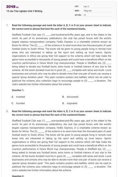 15 câu Trắc nghiệm Unit 3 Writing