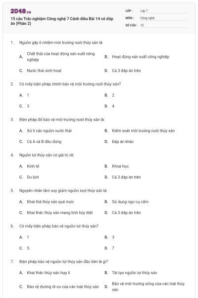 15 câu Trắc nghiệm Công nghệ 7 Cánh diều Bài 14 có đáp án (Phần 2)