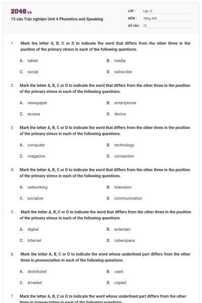 15 câu Trắc nghiệm Unit 4 Phonetics and Speaking