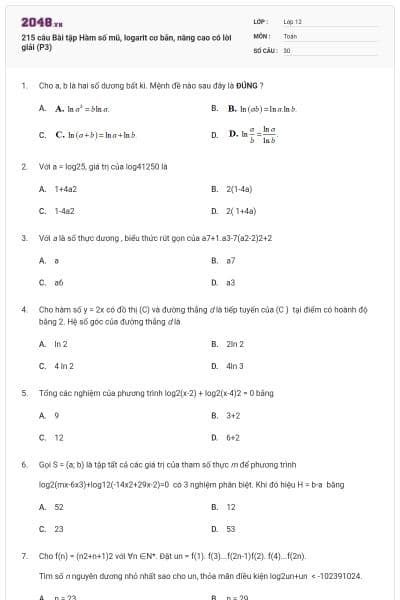 215 câu Bài tập Hàm số mũ, logarit cơ bản, nâng cao có lời giải (P3)