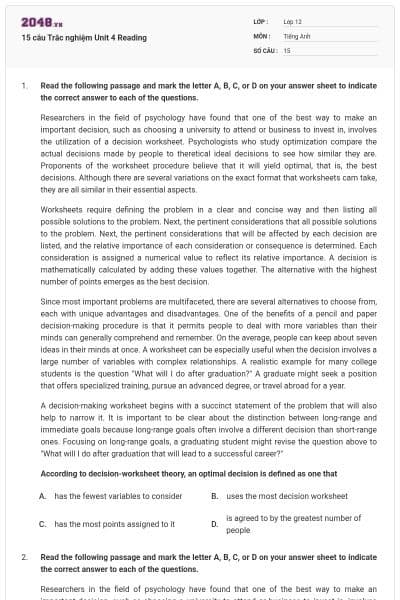 15 câu Trắc nghiệm Unit 4 Reading