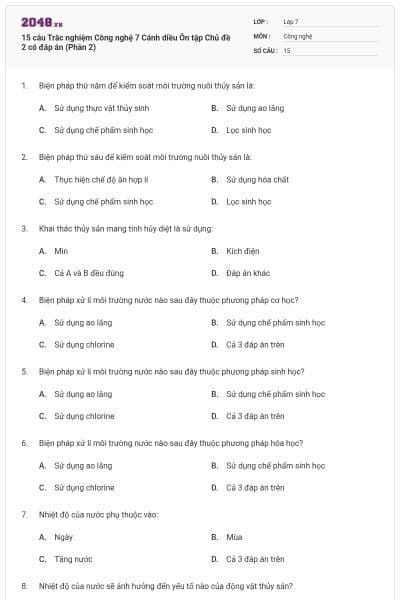 15 câu Trắc nghiệm Công nghệ 7 Cánh diều Ôn tập Chủ đề 2 có đáp án (Phần 2)