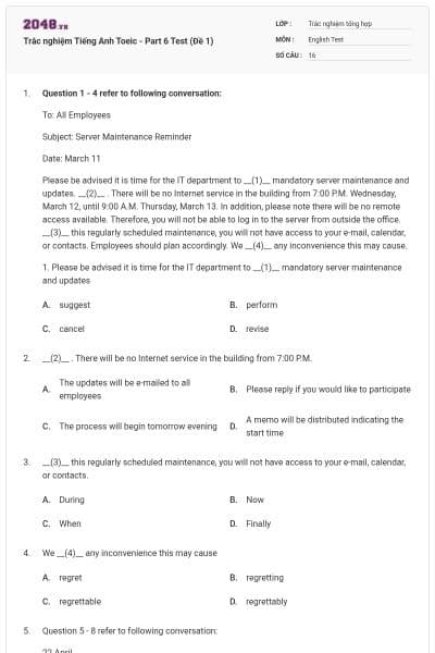 Trắc nghiệm Tiếng Anh Toeic - Part 6 Test (Đề 1)