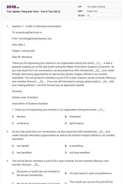 Trắc nghiệm Tiếng Anh Toeic - Part 6 Test (Đề 2)