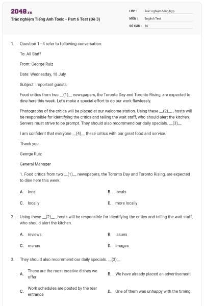 Trắc nghiệm Tiếng Anh Toeic - Part 6 Test (Đề 3)