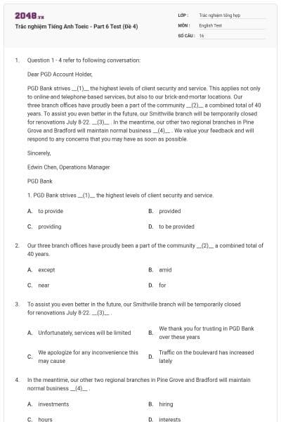 Trắc nghiệm Tiếng Anh Toeic - Part 6 Test (Đề 4)
