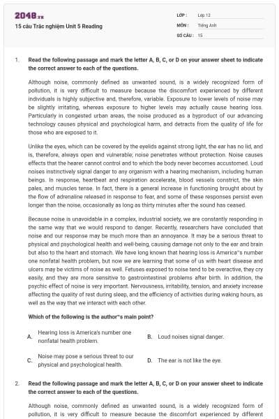 15 câu Trắc nghiệm Unit 5 Reading