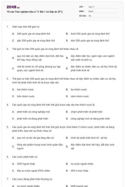 70 câu Trắc nghiệm Địa Lí 11 Bài 1 có đáp án (P1)