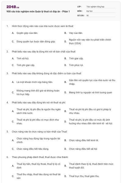 900 câu trắc nghiệm môn Quản lý thuế có đáp án - Phần 1