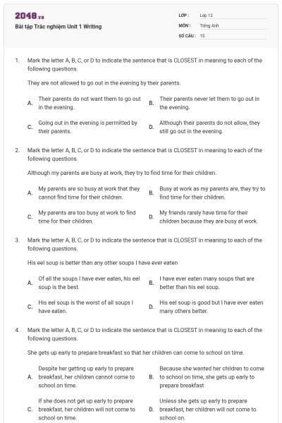 Bài tập Trắc nghiệm Unit 1 Writing